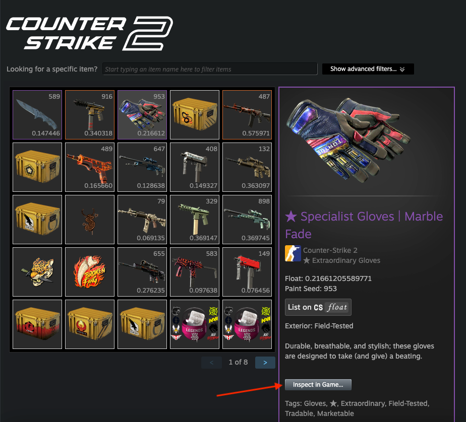 Inspect in Game link in a CS2 inventory