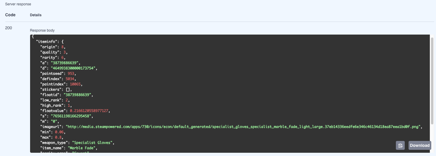 Inspect API response showing floatvalue