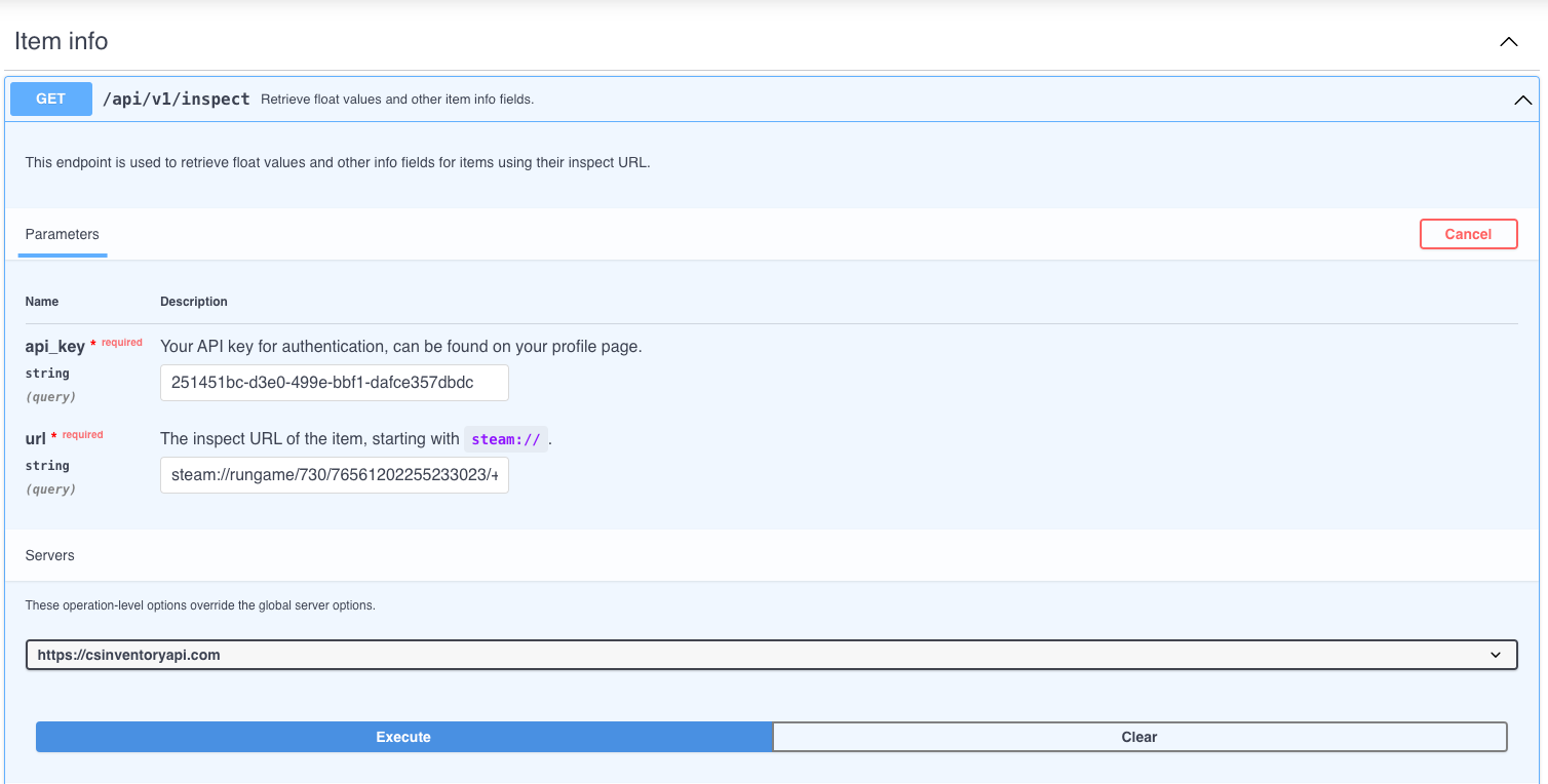 CSInventoryAPI swagger UI inspect endpoint