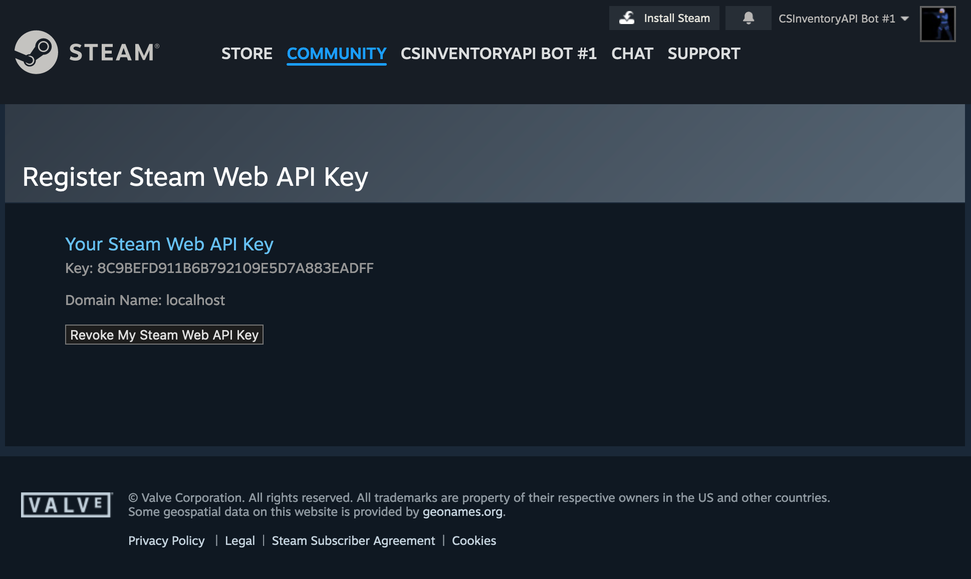 Steam API key visible for an account after confirming in the Steam Authenticator app