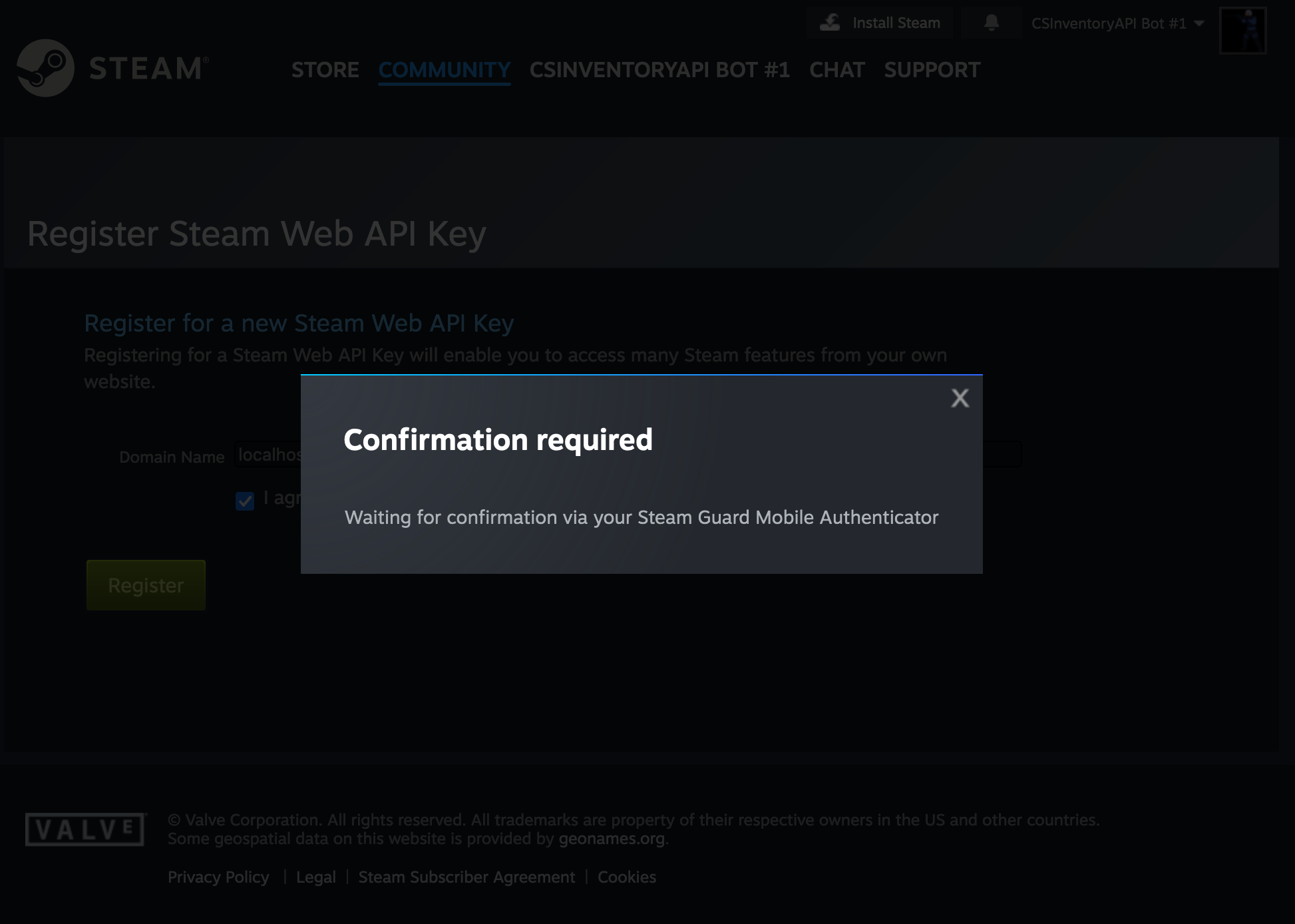 Creating an API key requires confirmation in the Steam Authenticator app