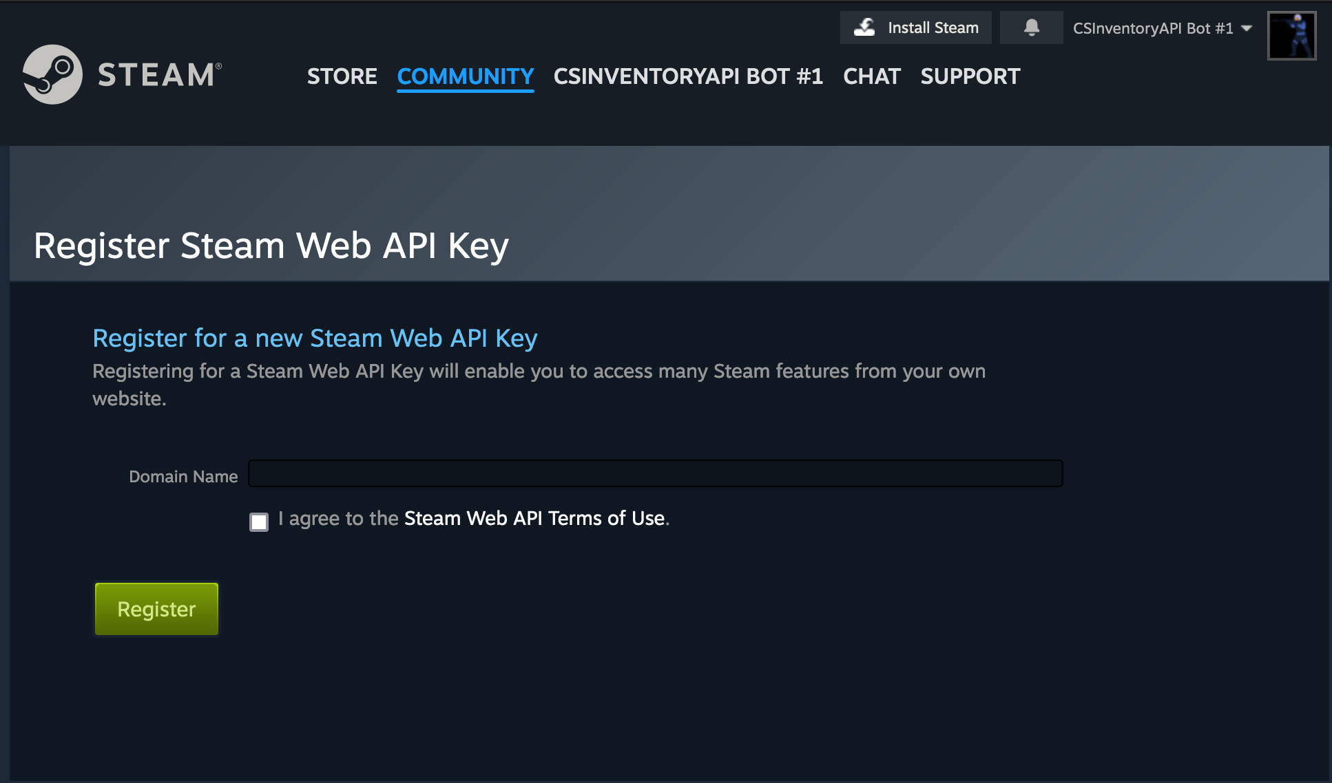 Steam requires a domain name for the application that will use the Steam API key