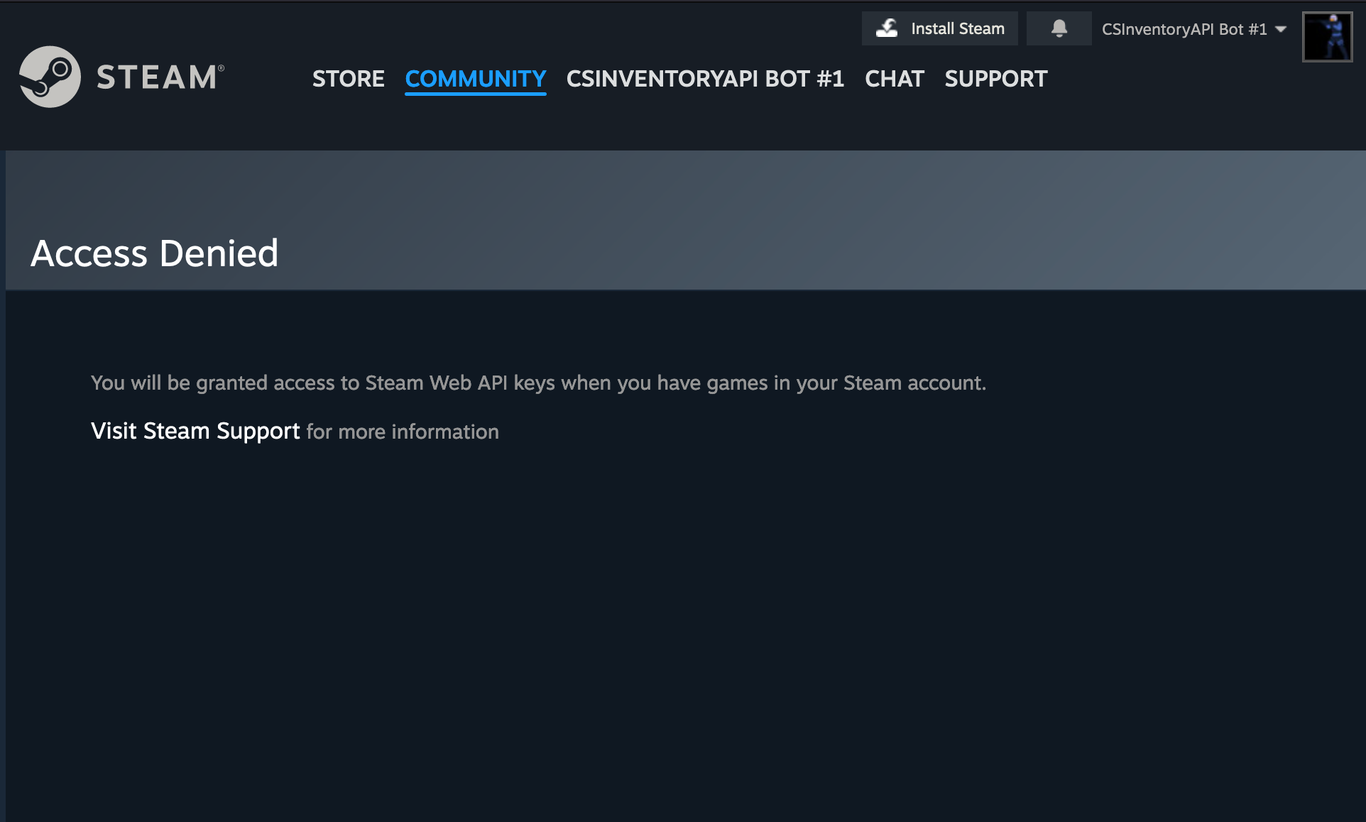 A restricted account cannot use the Steam Web API