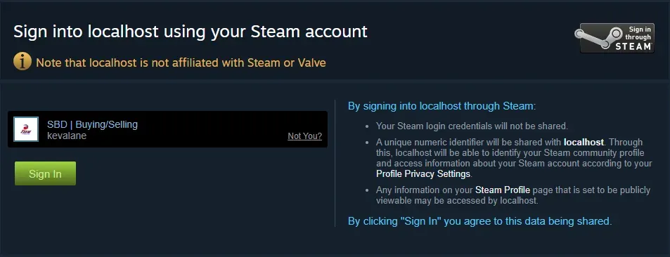 Sign in page visible by navigating to localhost:3000/api/v1/auth/steam