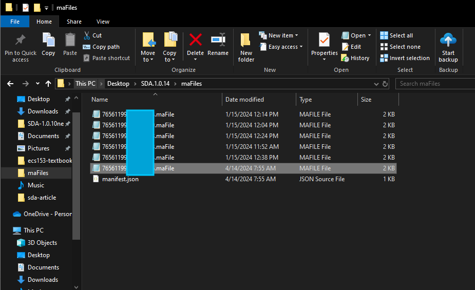 maFiles folder containing Steam Desktop Authenticator account files