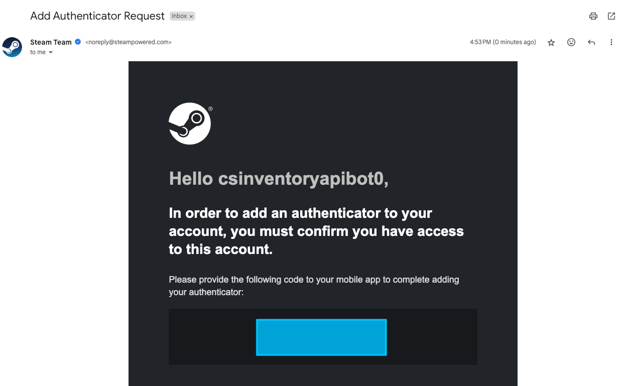 Authenticator setup code email from Steam